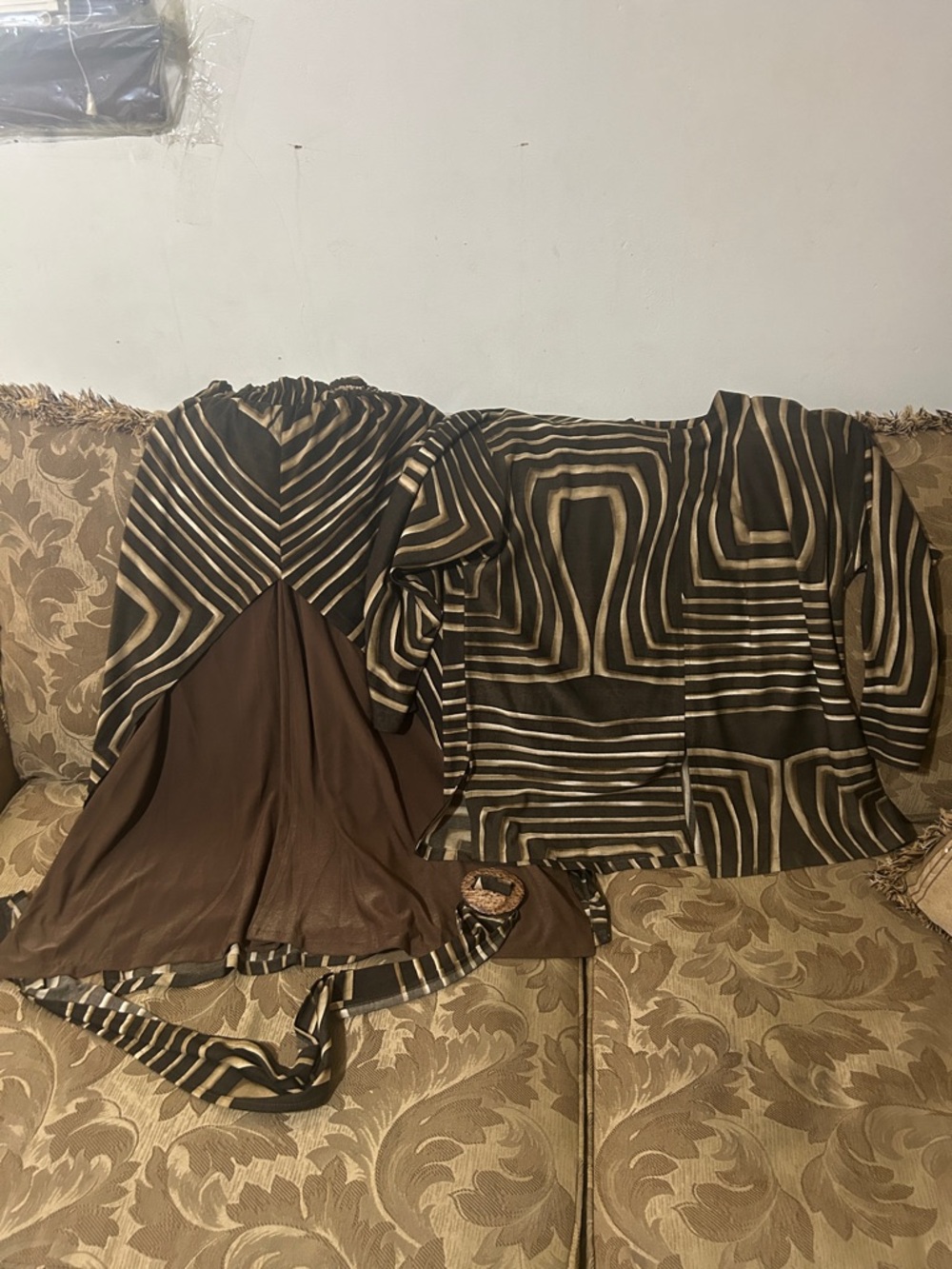 Asymmetrical Women’s Dress in Brown & Cream - Classic Striped Design